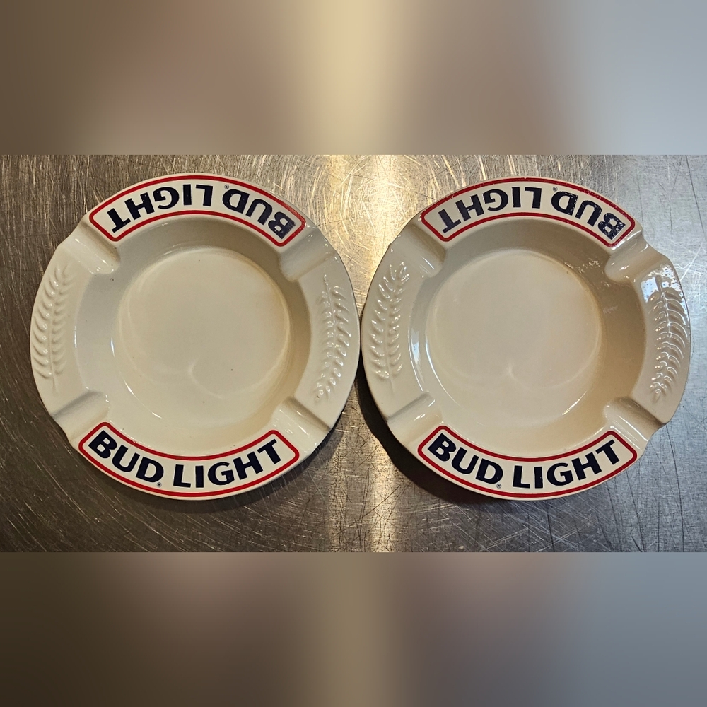Set of 2 White Ceramic Bud Light Ashtray Haeger USA 5.5" across